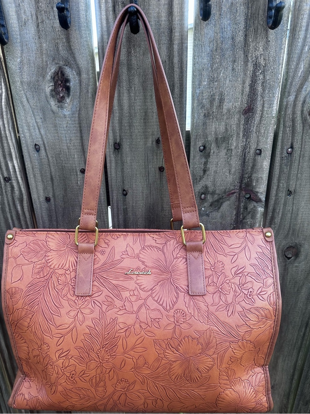 Love cook Floral Embossed Tan Leather Tote